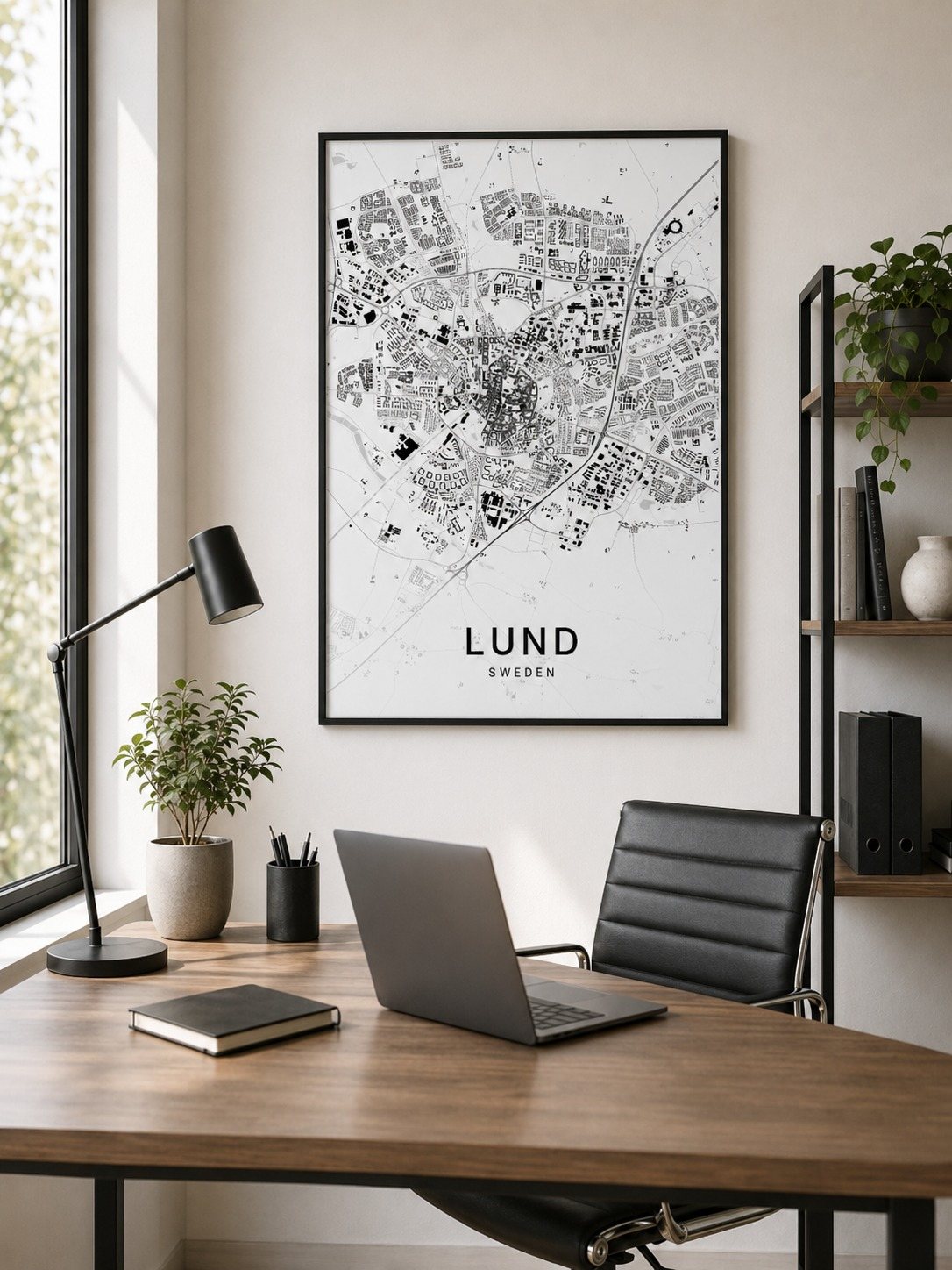 Lund map print framed on a wall
