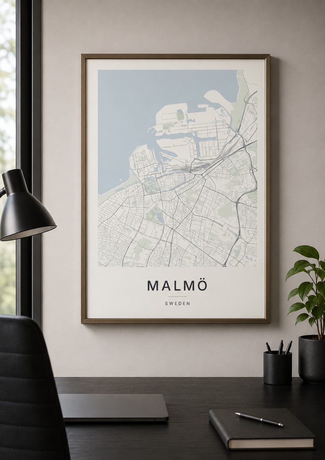 Malmö map print framed on a wall