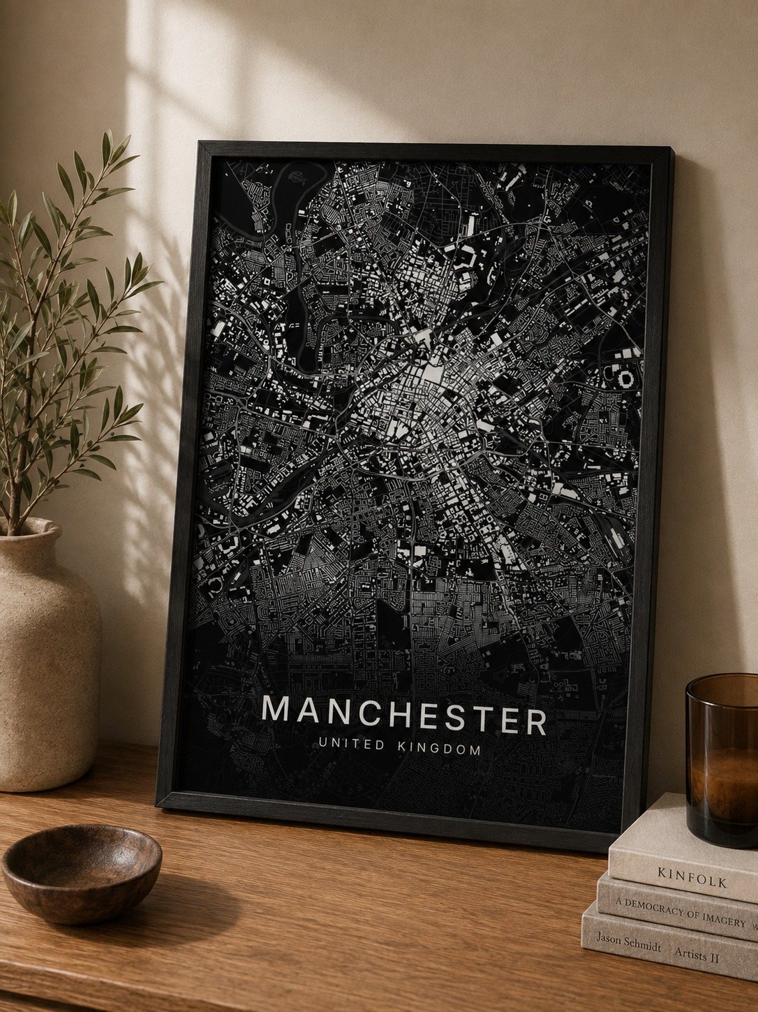 Manchester map print framed on a wall