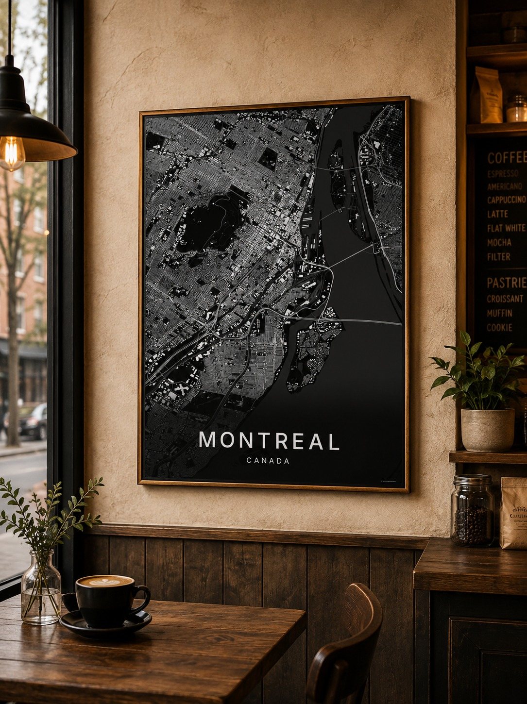 Montreal map print framed on a wall