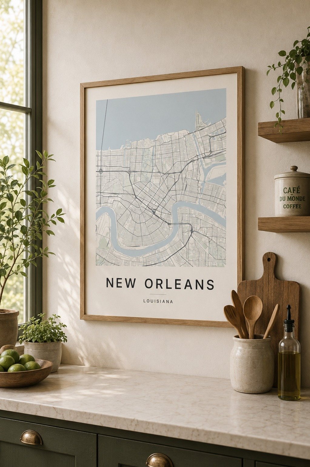 New Orleans map print framed on a wall