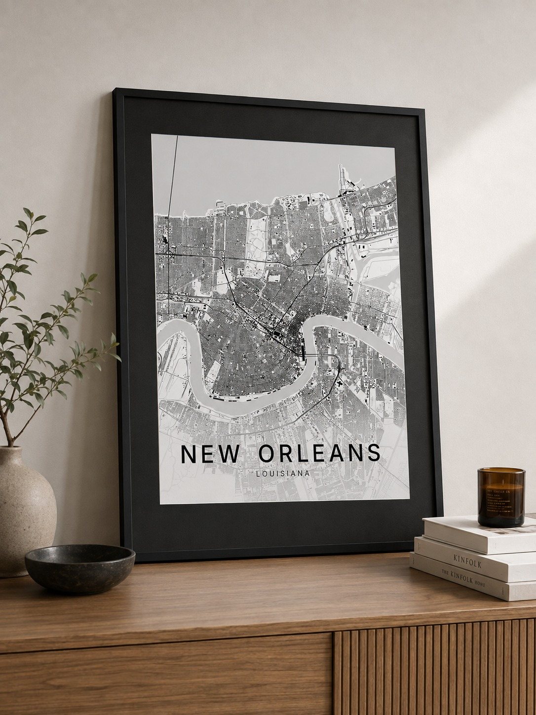 New Orleans map print framed on a wall