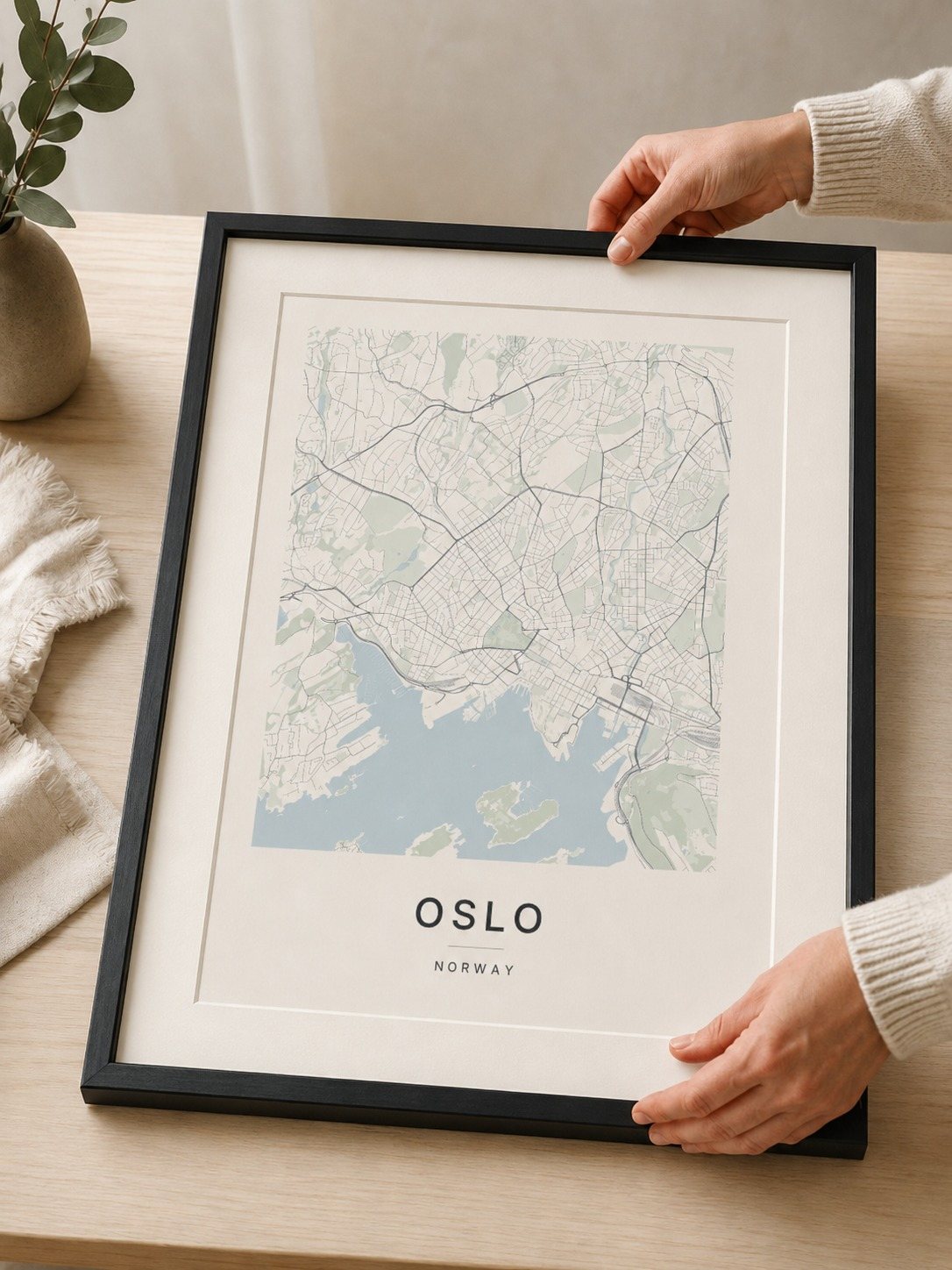 Oslo map print framed on a wall