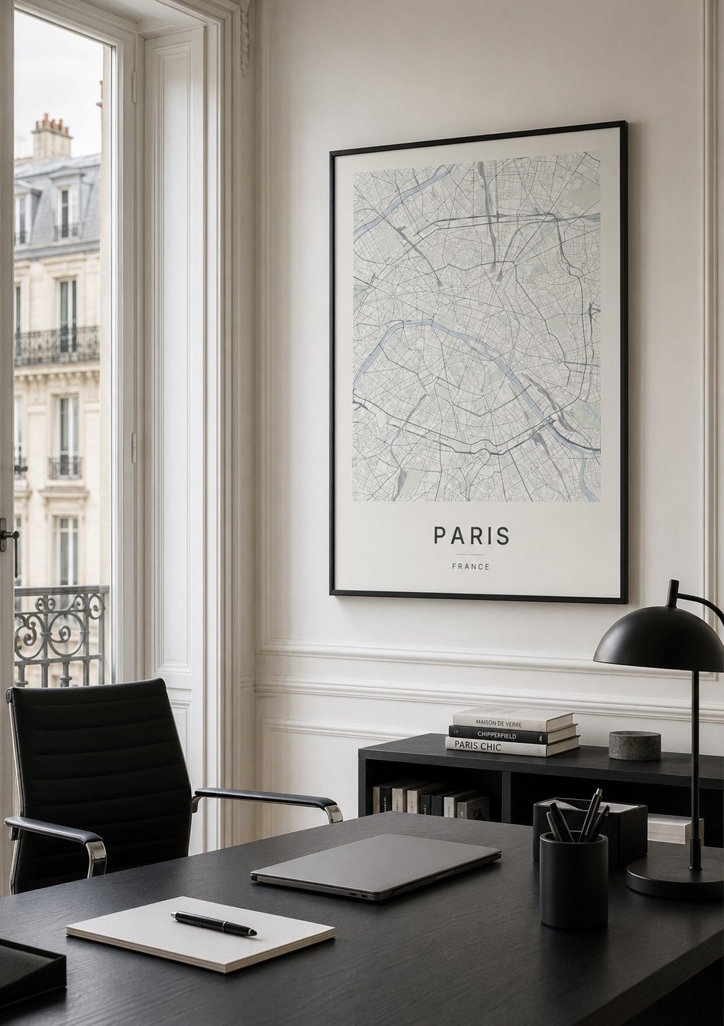 Paris map print framed on a wall