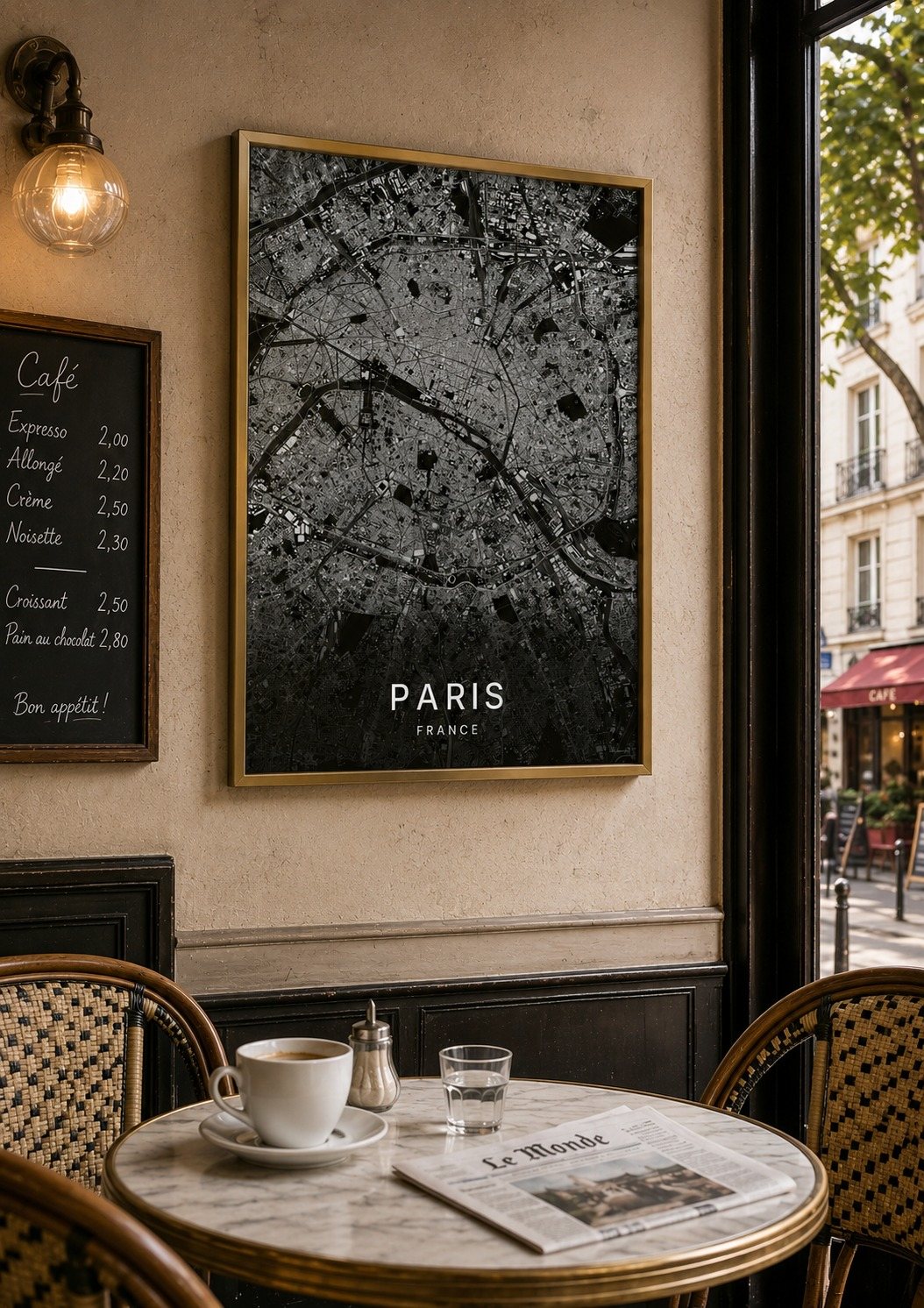 Paris map print framed on a wall