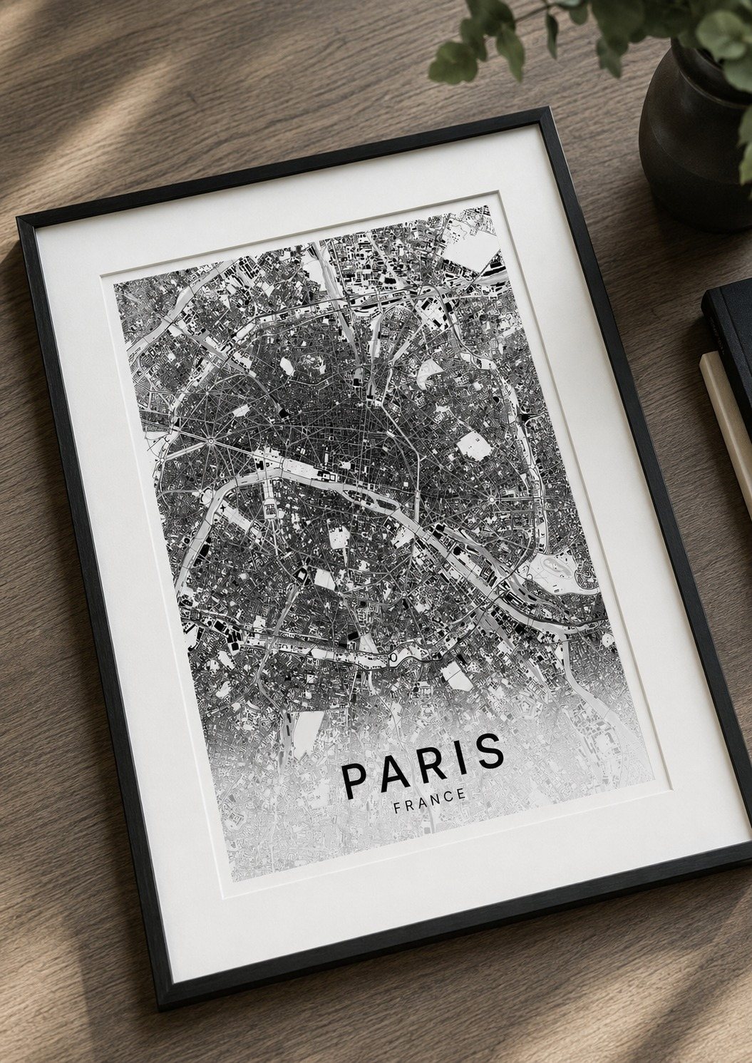 Paris map print framed on a wall