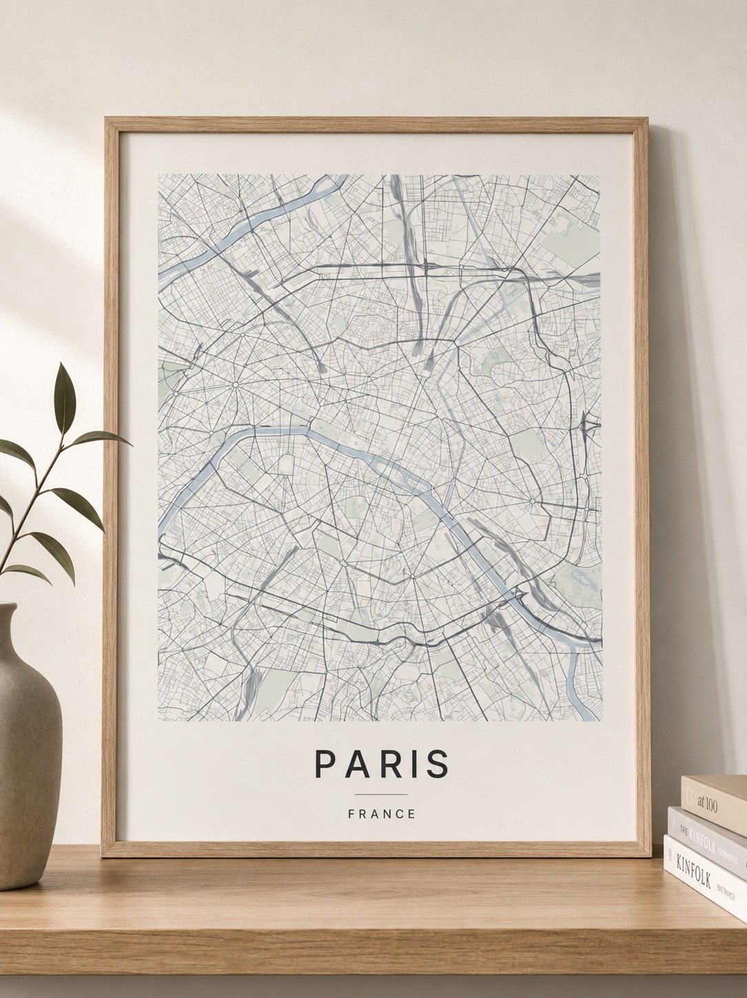 Paris map print framed on a wall