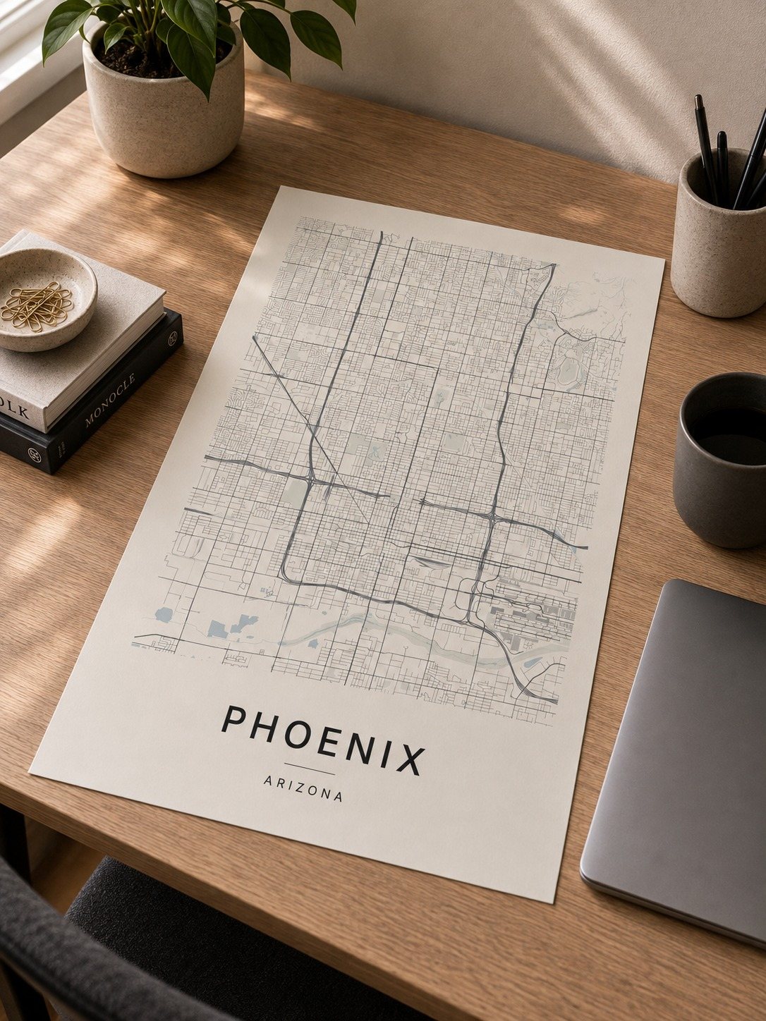 Phoenix map print framed on a wall