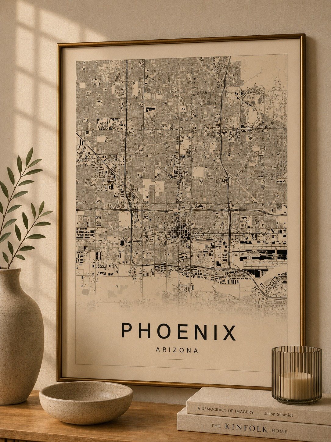Phoenix map print framed on a wall