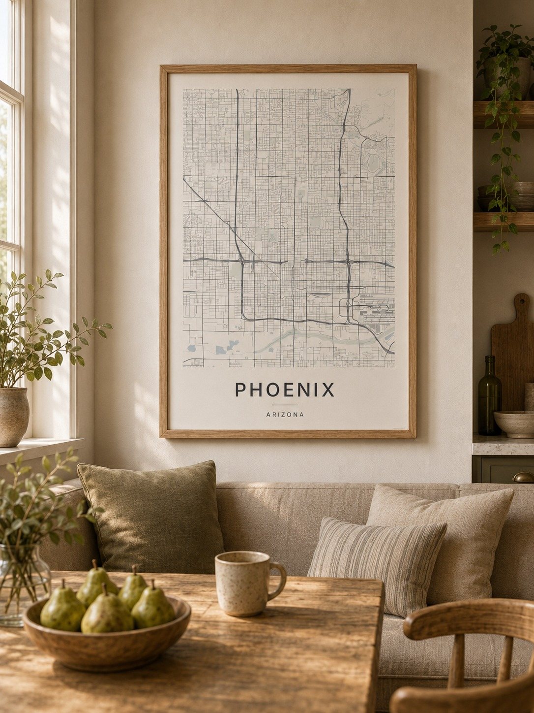 Phoenix map print framed on a wall