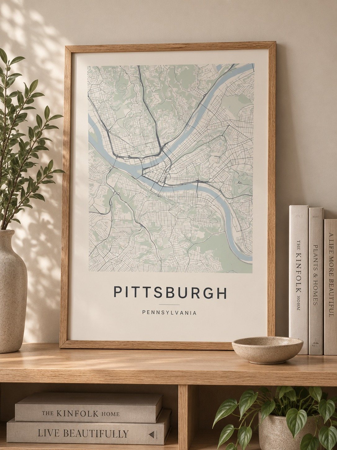 Pittsburgh map print framed on a wall