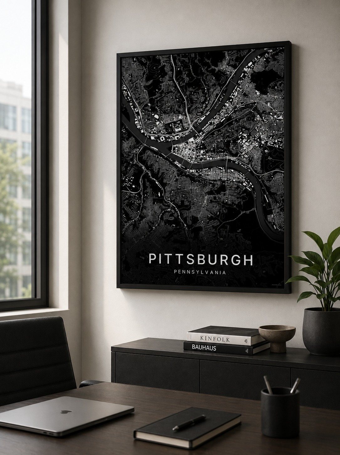 Pittsburgh map print framed on a wall