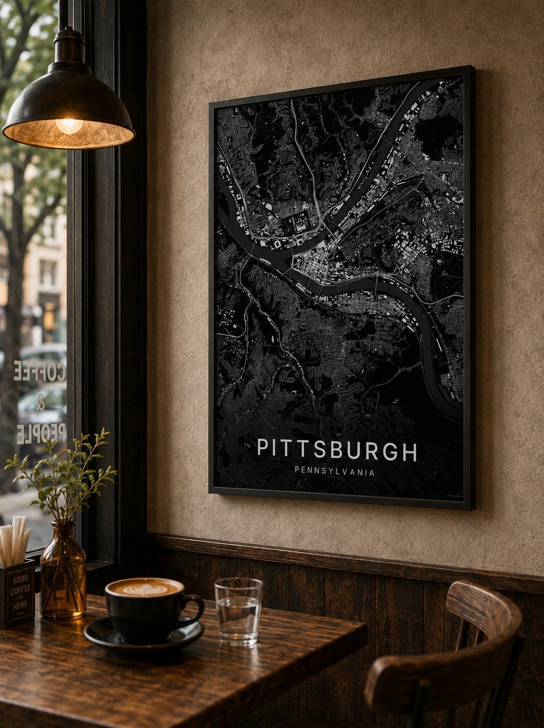 Pittsburgh map print framed on a wall