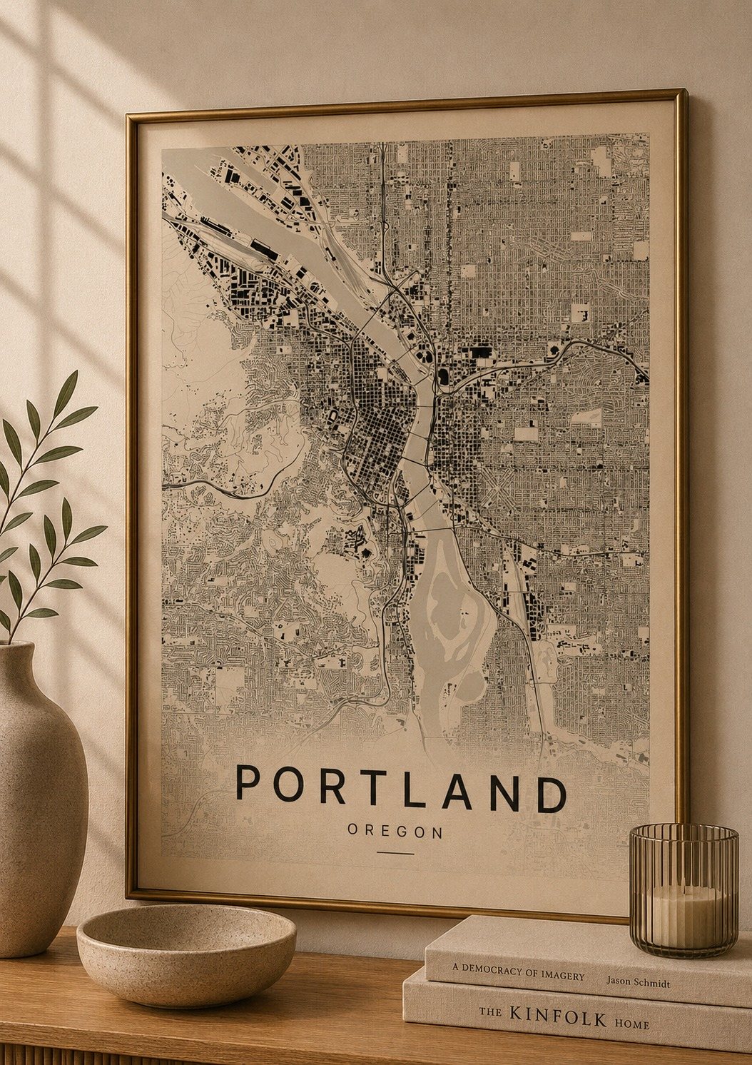 Portland map print framed on a wall