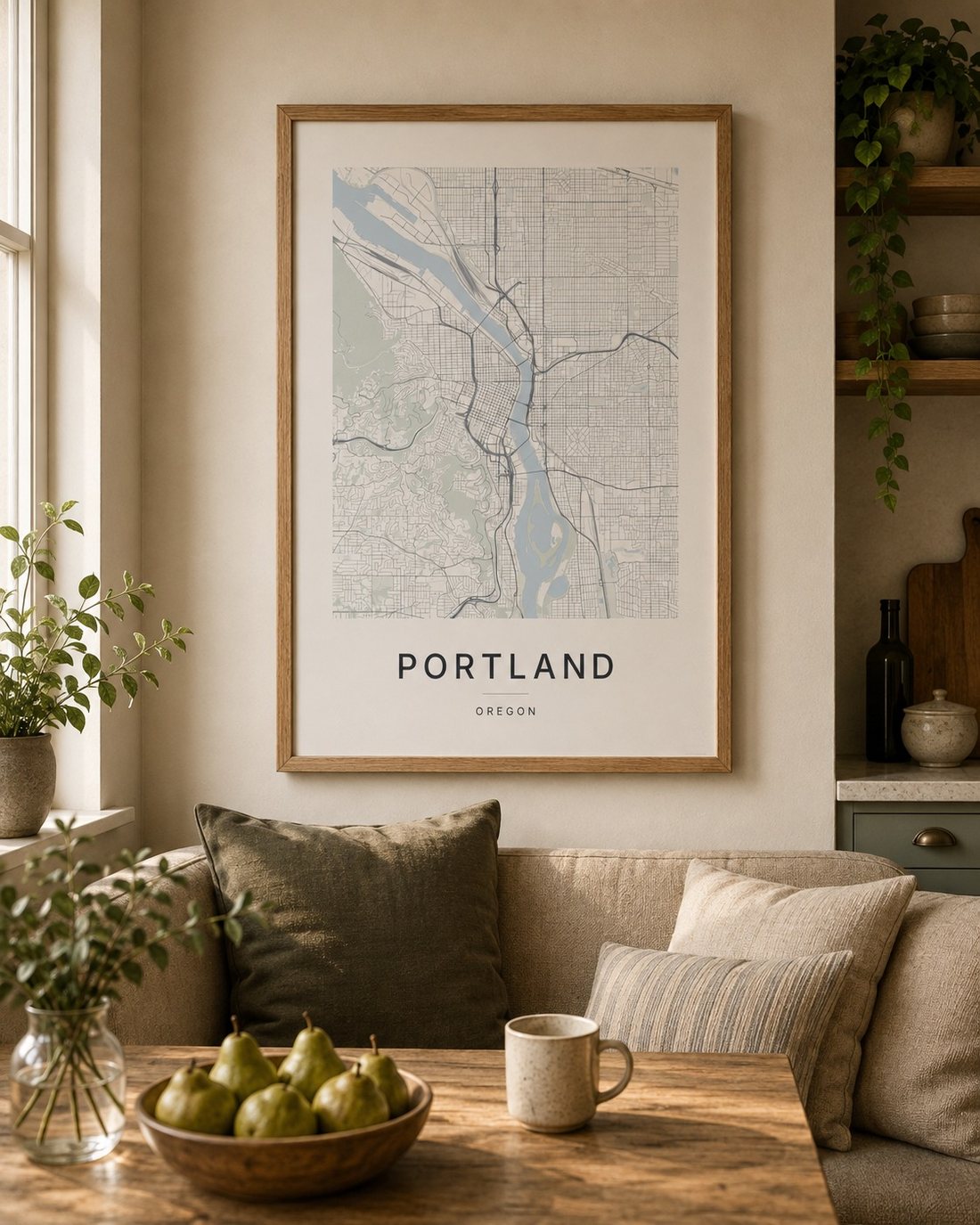 Portland map print framed on a wall