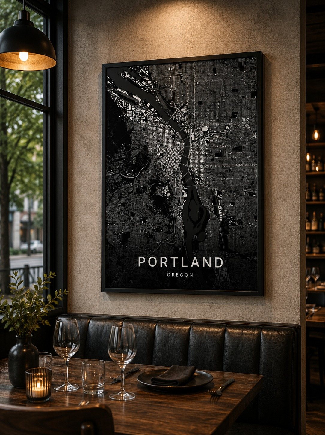 Portland map print framed on a wall