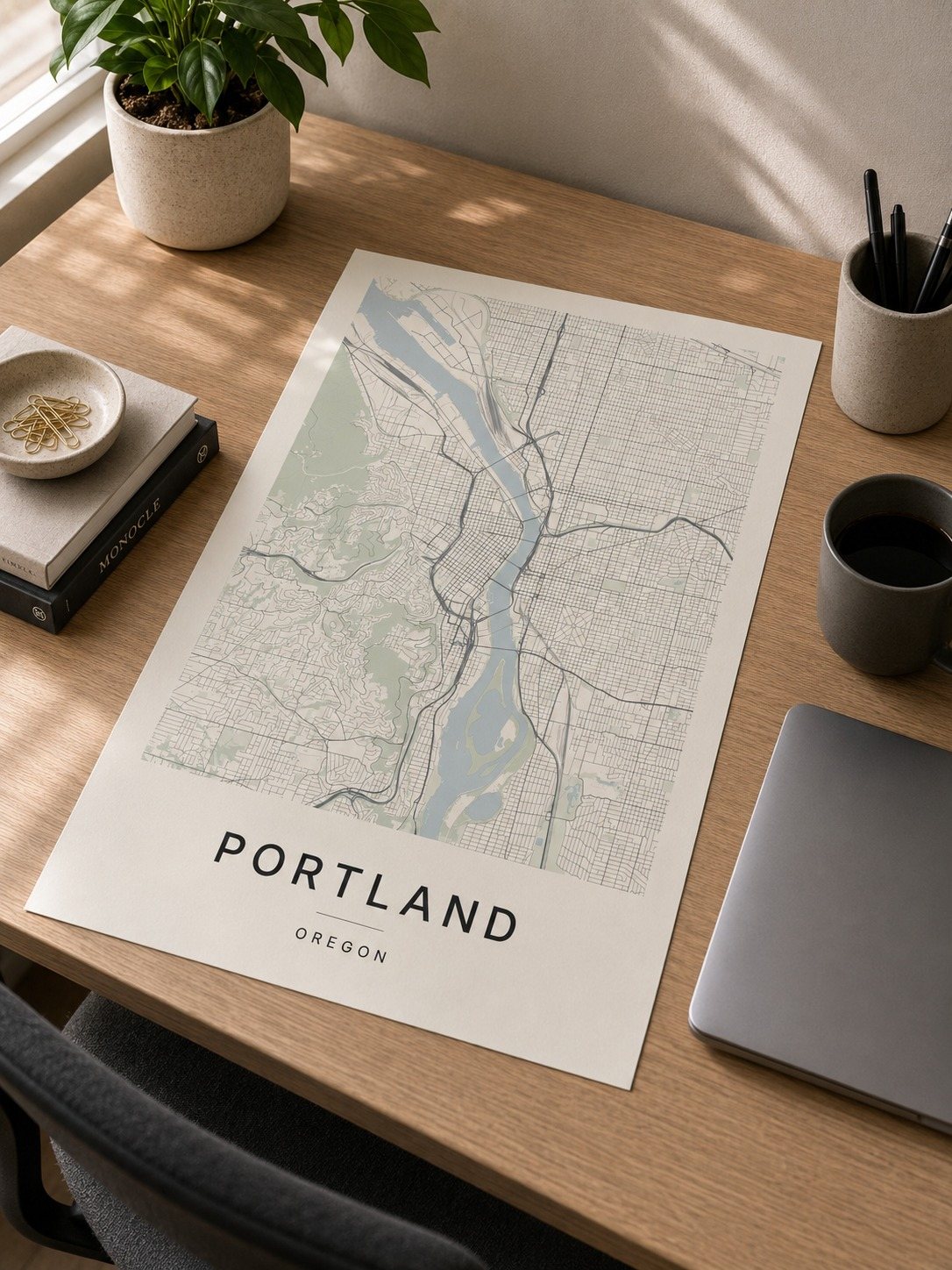 Portland map print framed on a wall