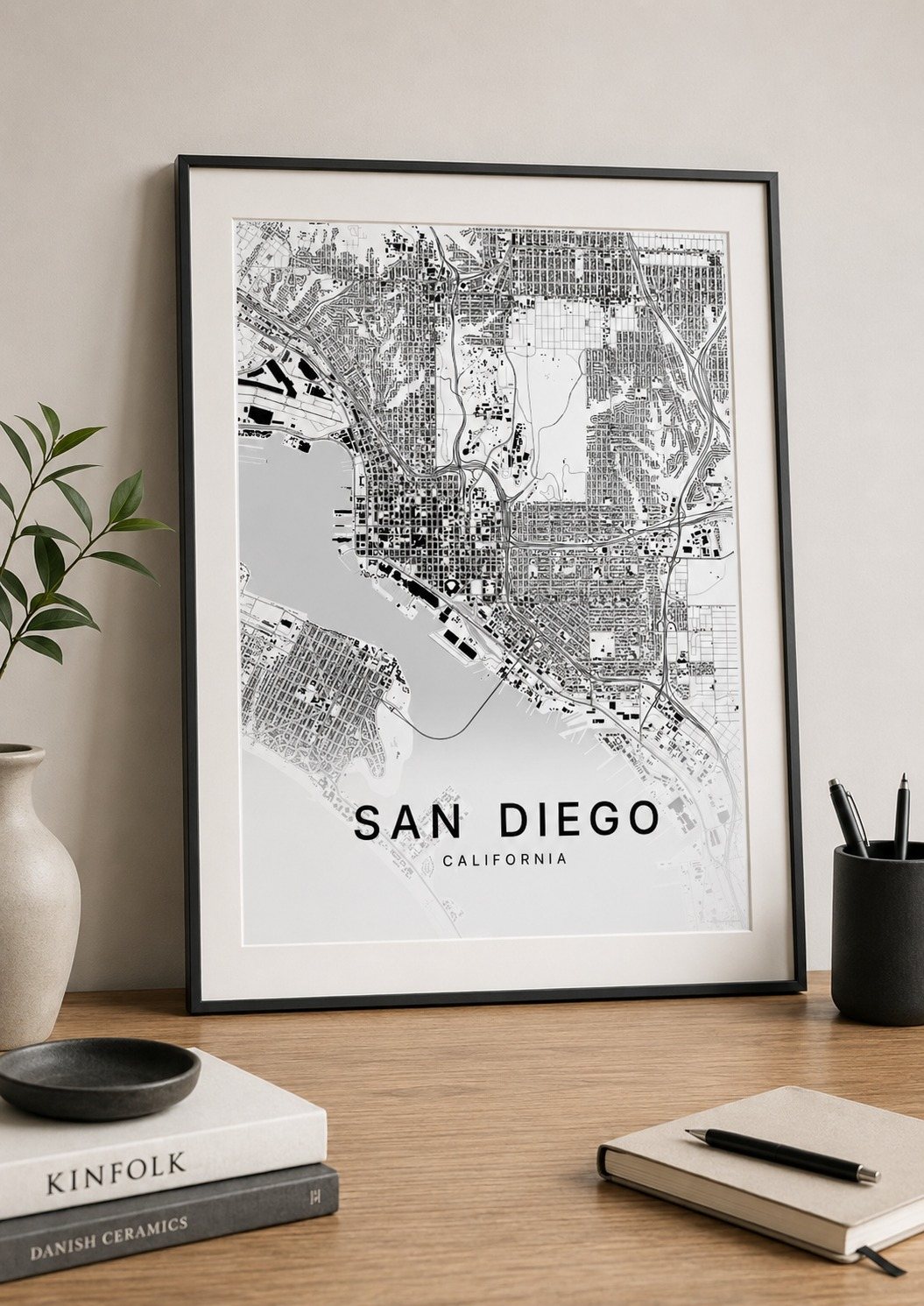 San Diego map print framed on a wall