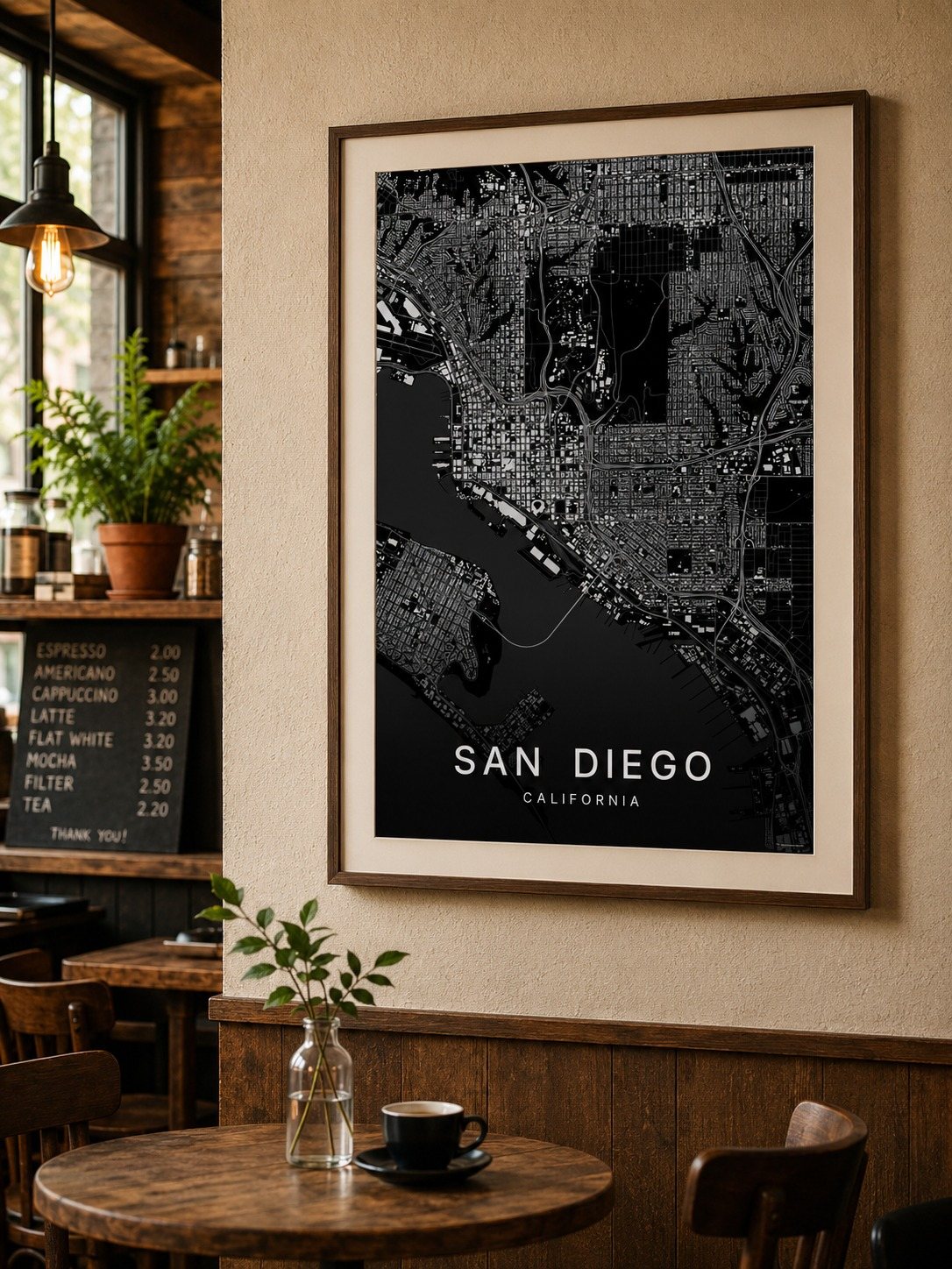 San Diego map print framed on a wall
