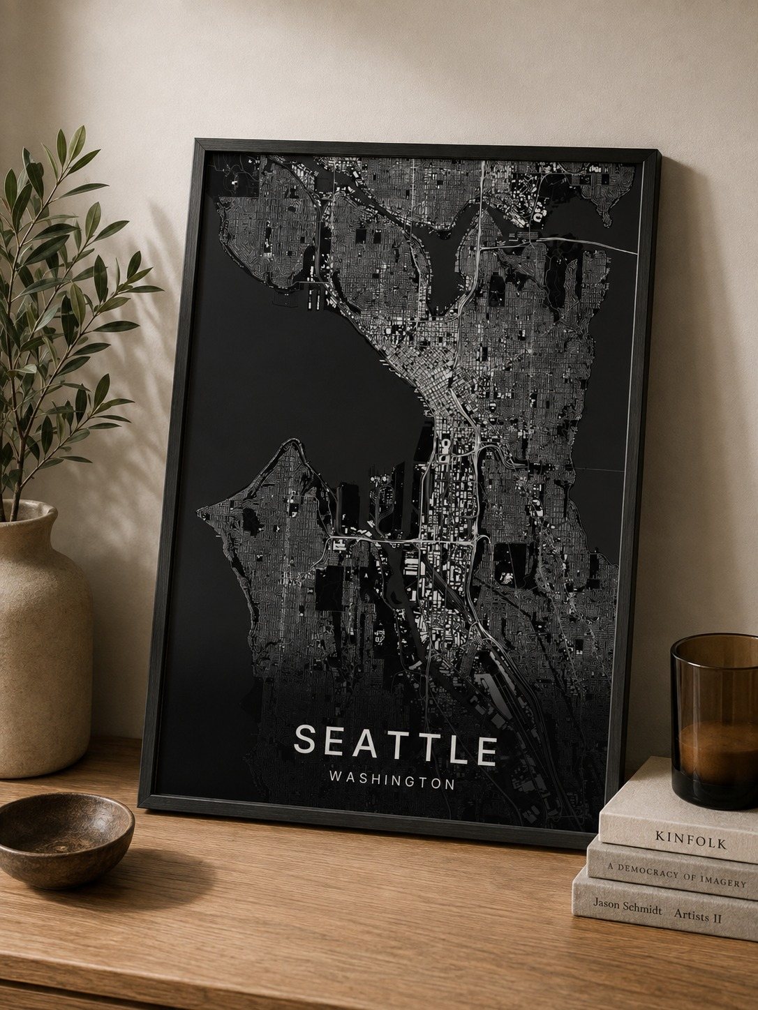 Seattle map print framed on a wall