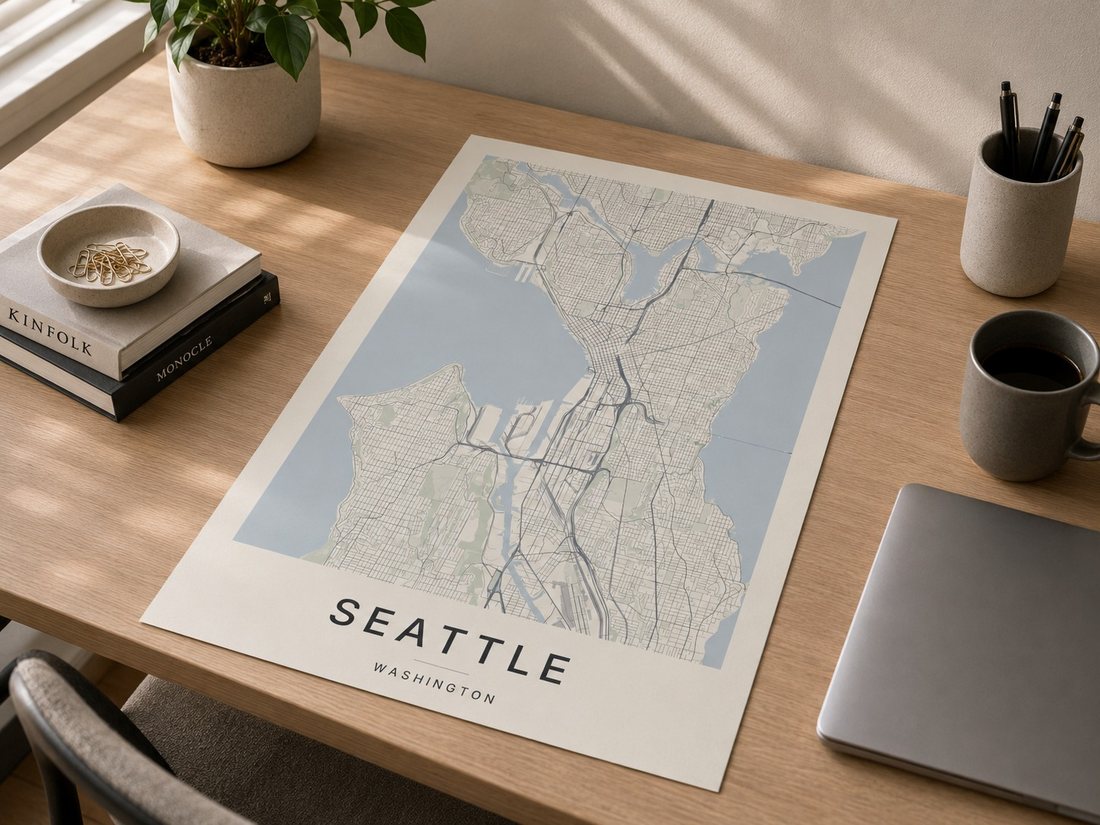 Seattle map print framed on a wall