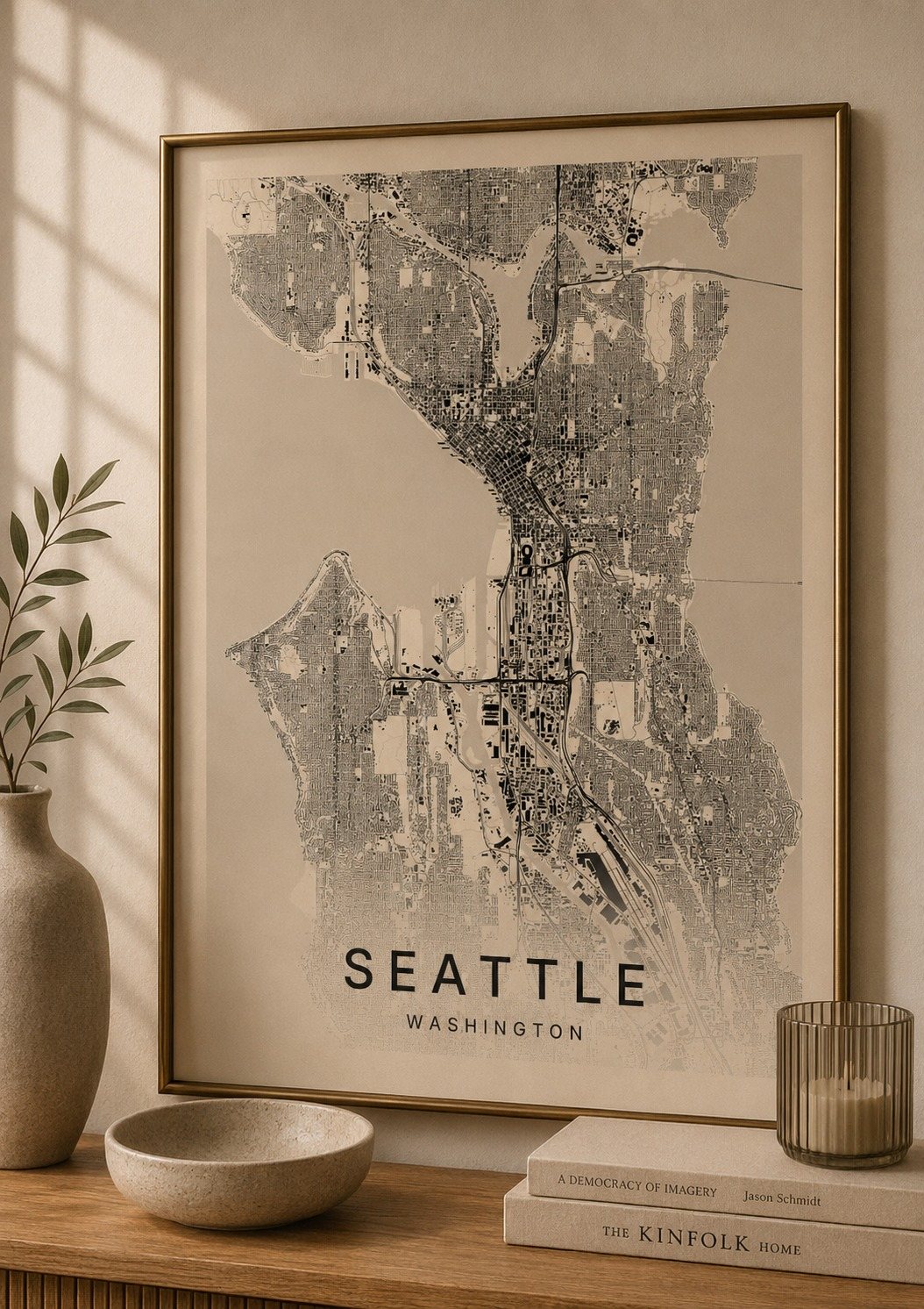Seattle map print framed on a wall