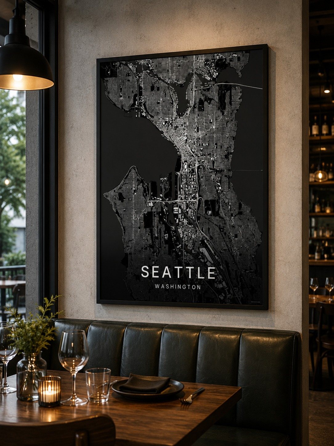 Seattle map print framed on a wall