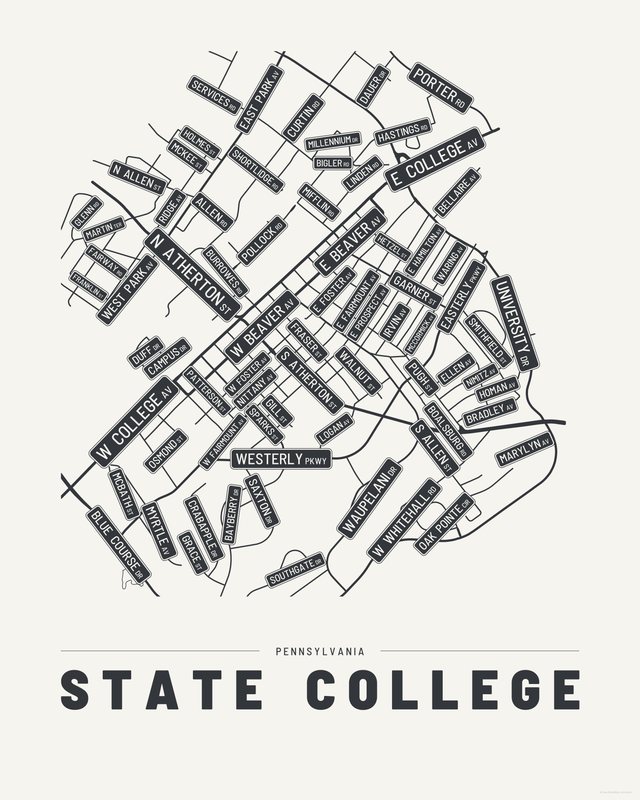 State College street map print, Paper colorway