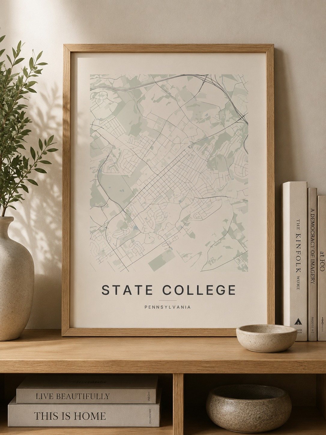 State College map print framed on a wall