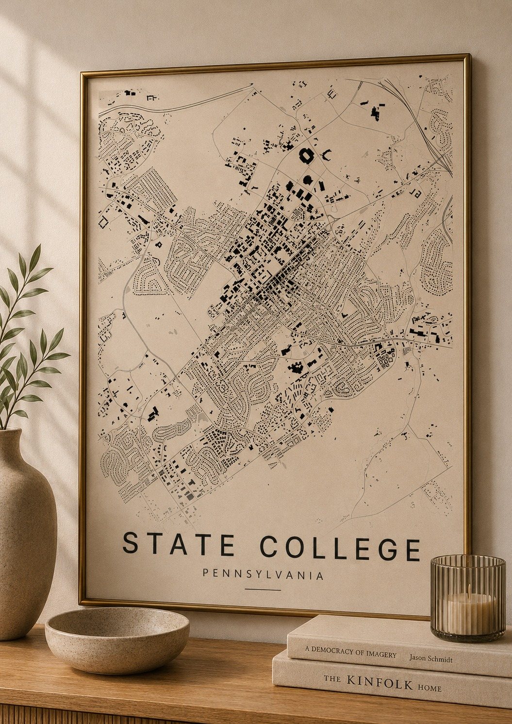 State College map print framed on a wall
