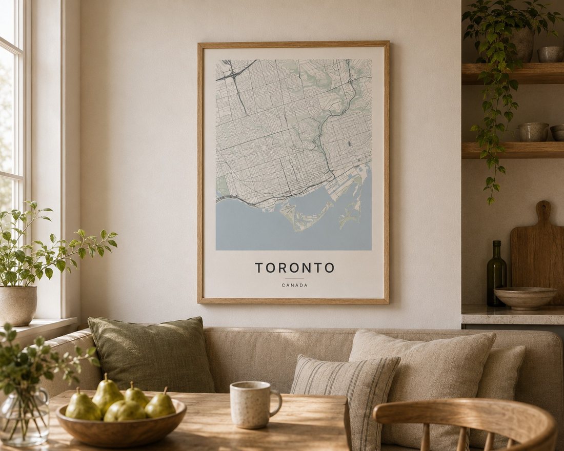 Toronto map print framed on a wall