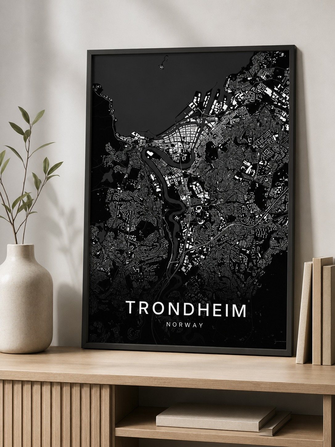 Trondheim map print framed on a wall