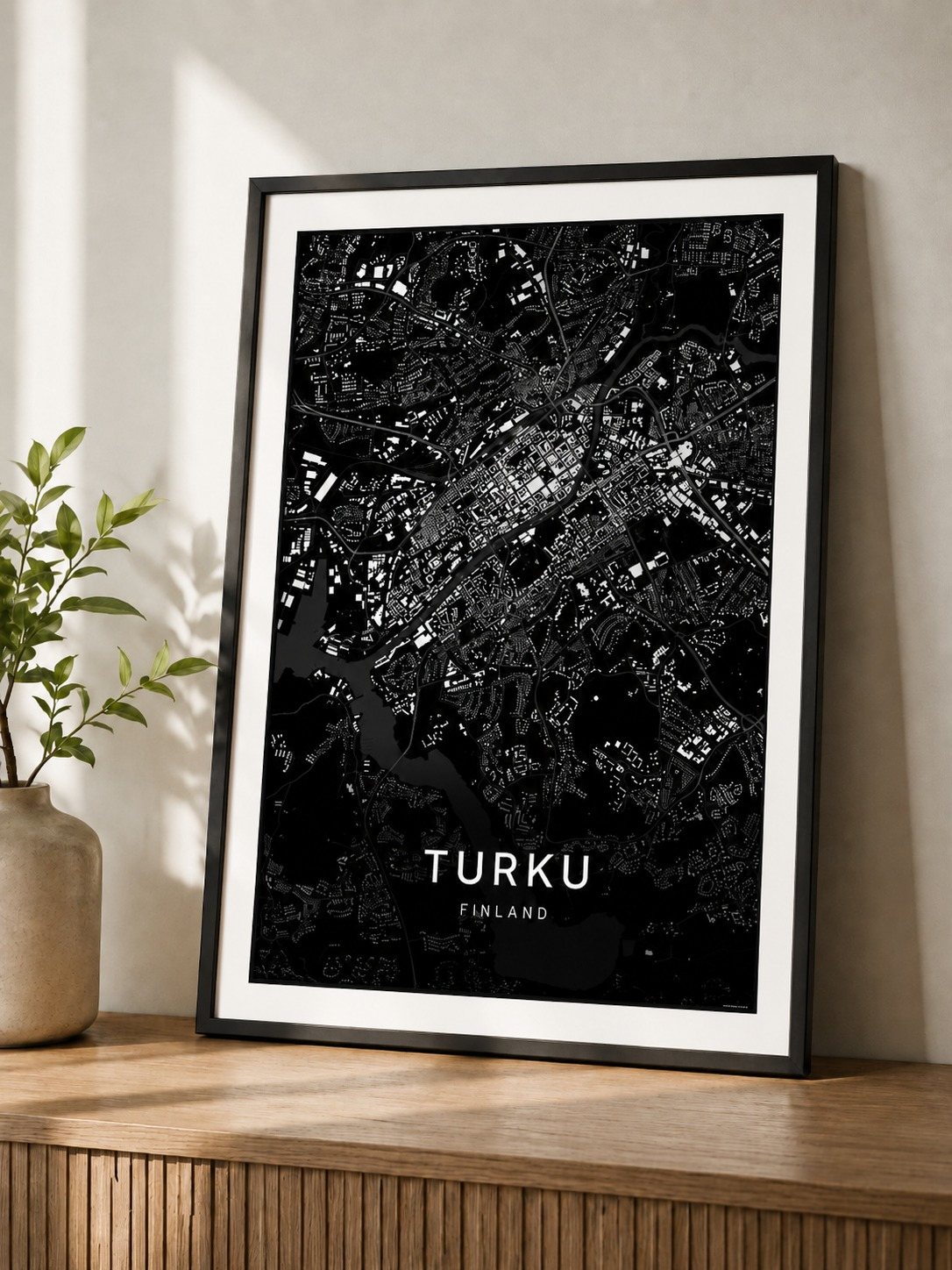 Turku map print framed on a wall