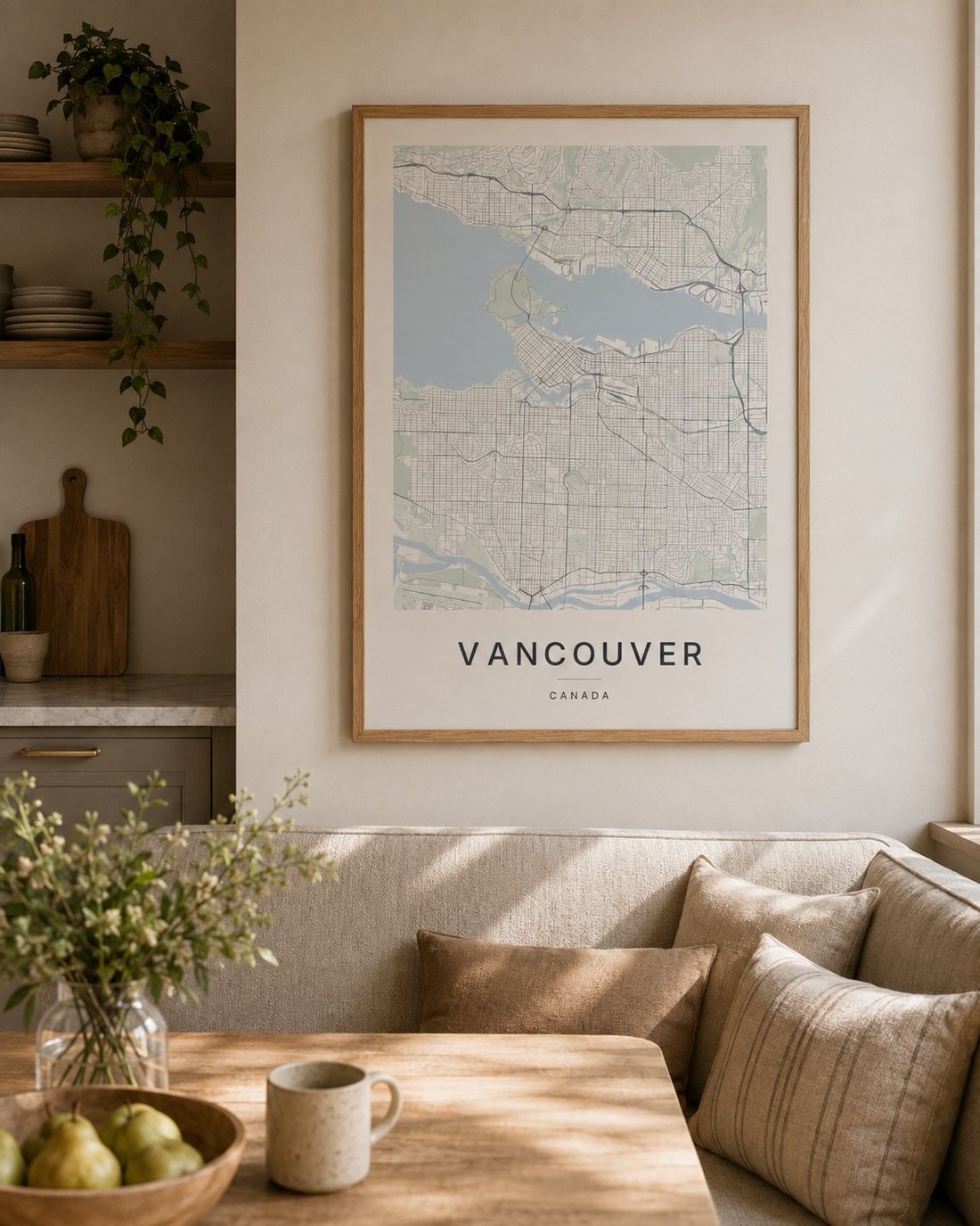 Vancouver map print framed on a wall
