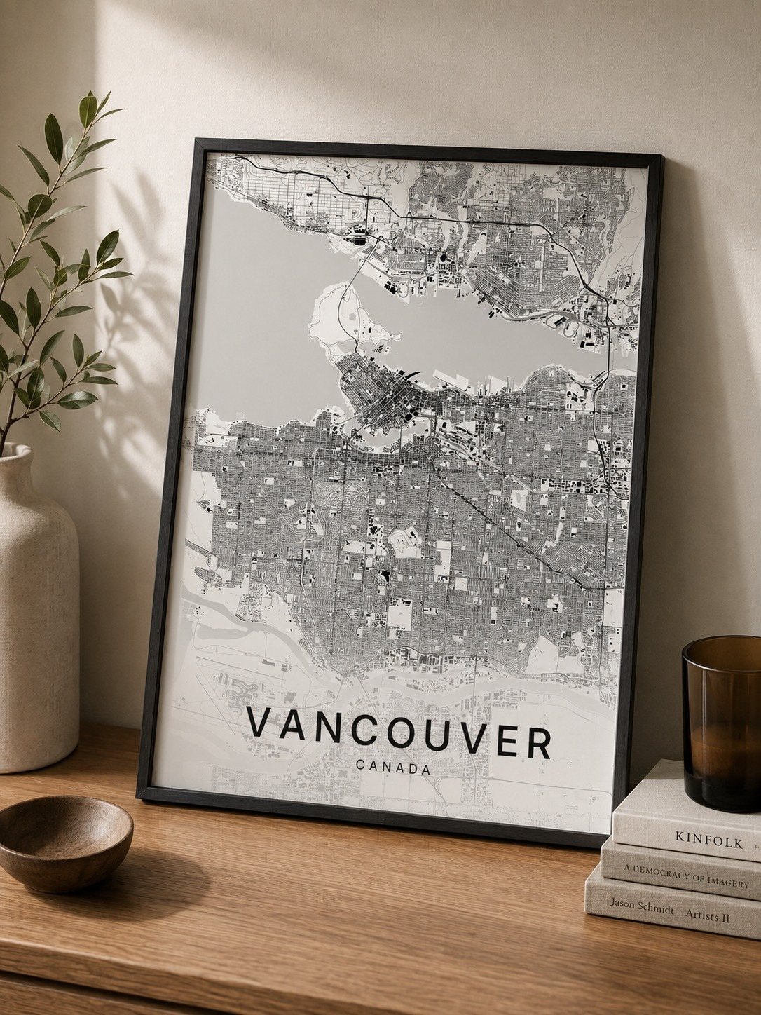 Vancouver map print framed on a wall