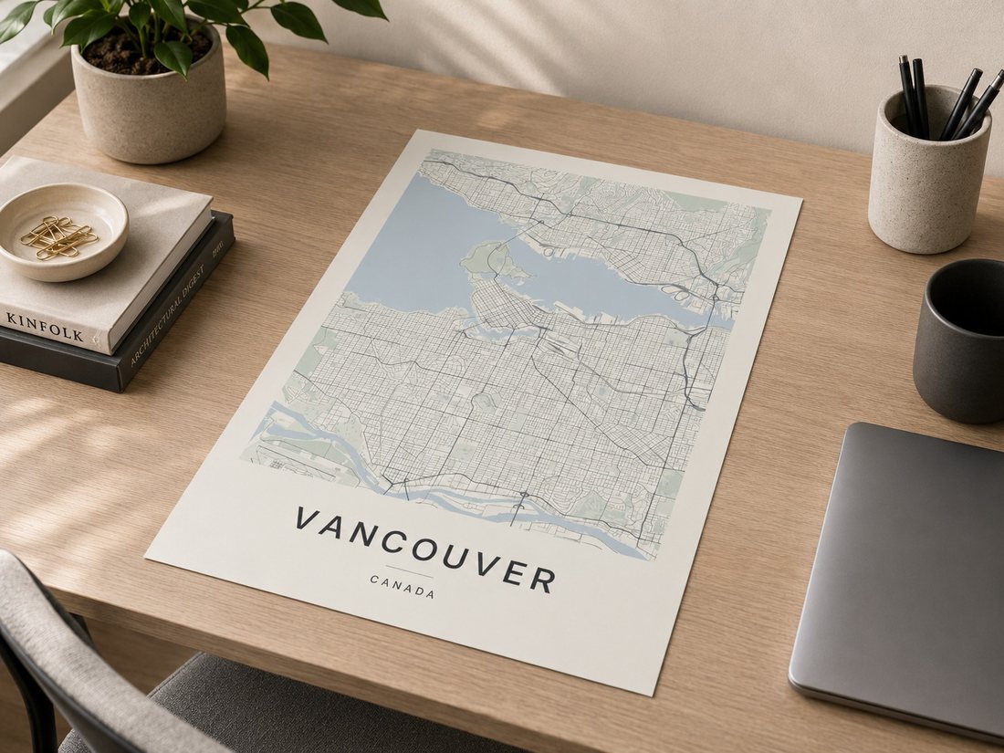 Vancouver map print framed on a wall