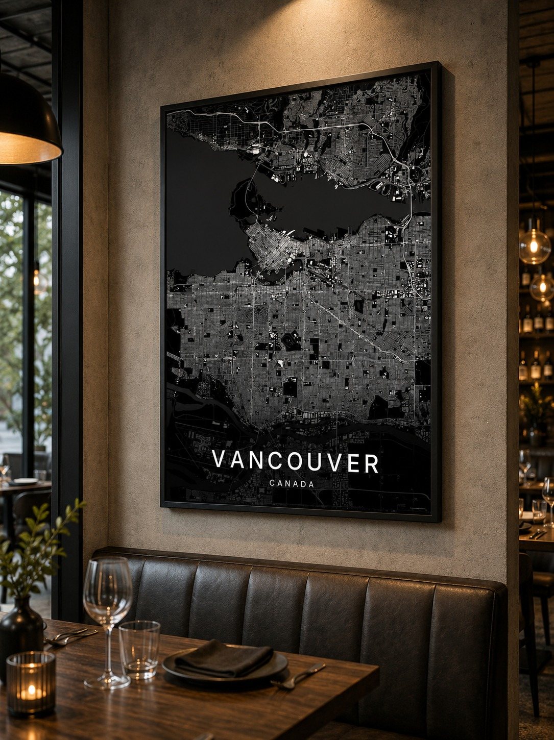 Vancouver map print framed on a wall