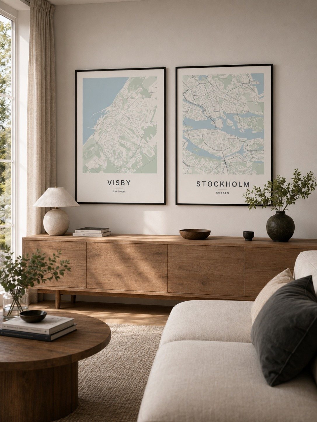 Visby map print framed on a wall