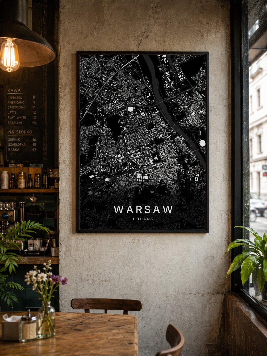 Warsaw map print framed on a wall