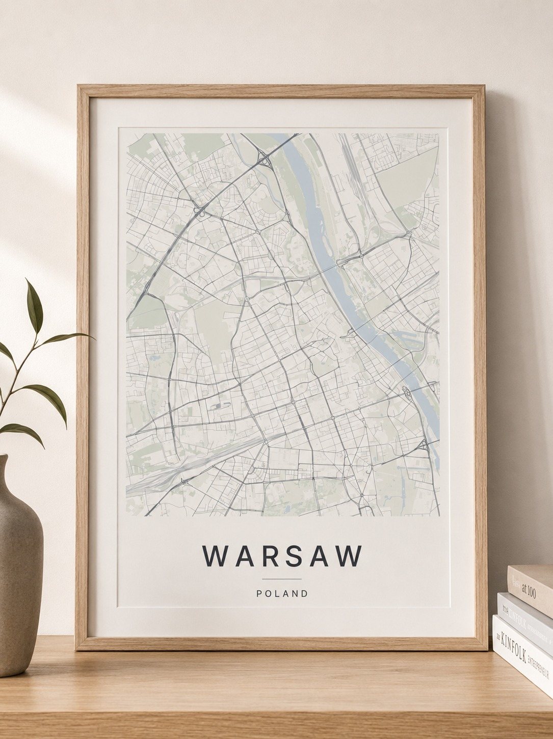 Warsaw map print framed on a wall